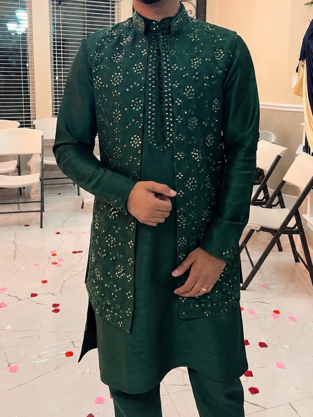 Embroidered Forest Green Men's Kurta Jacket Set